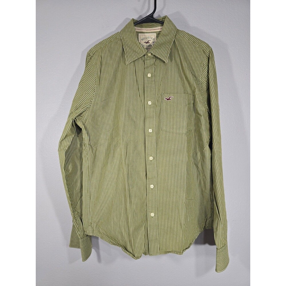HOLLISTER button front shirt Size Large long sleeves pocket Green Stripe Y2K BE